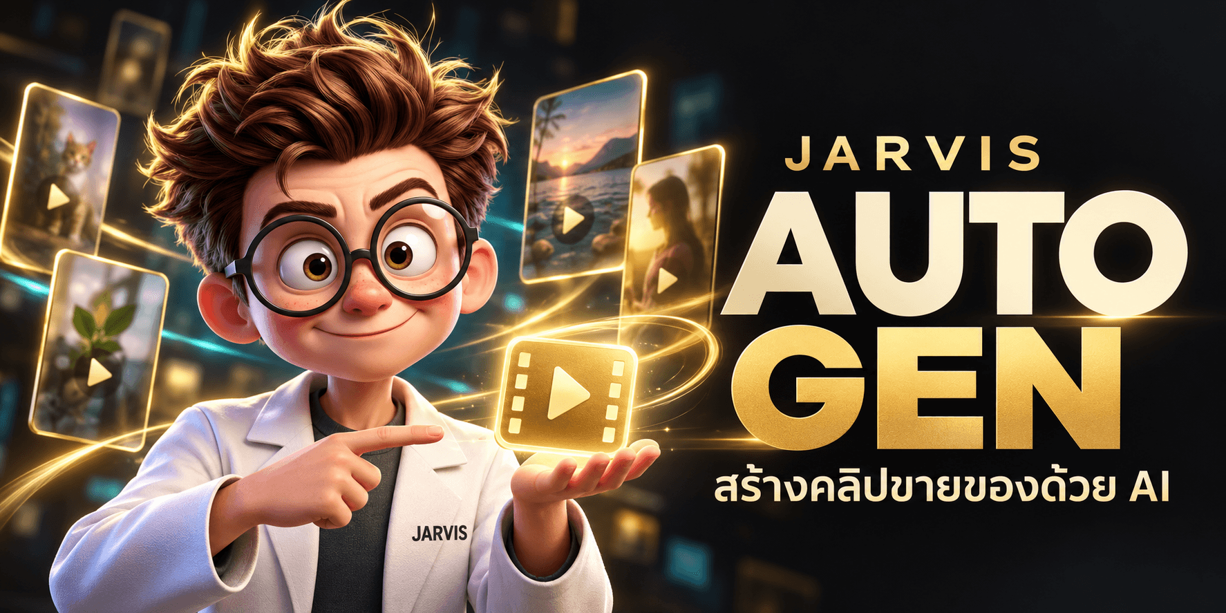 ภาพโฆษณา Jarvis Auto Gen พร้อมคาแรกเตอร์ Jarvis — สร้างคลิปขายของด้วย AI