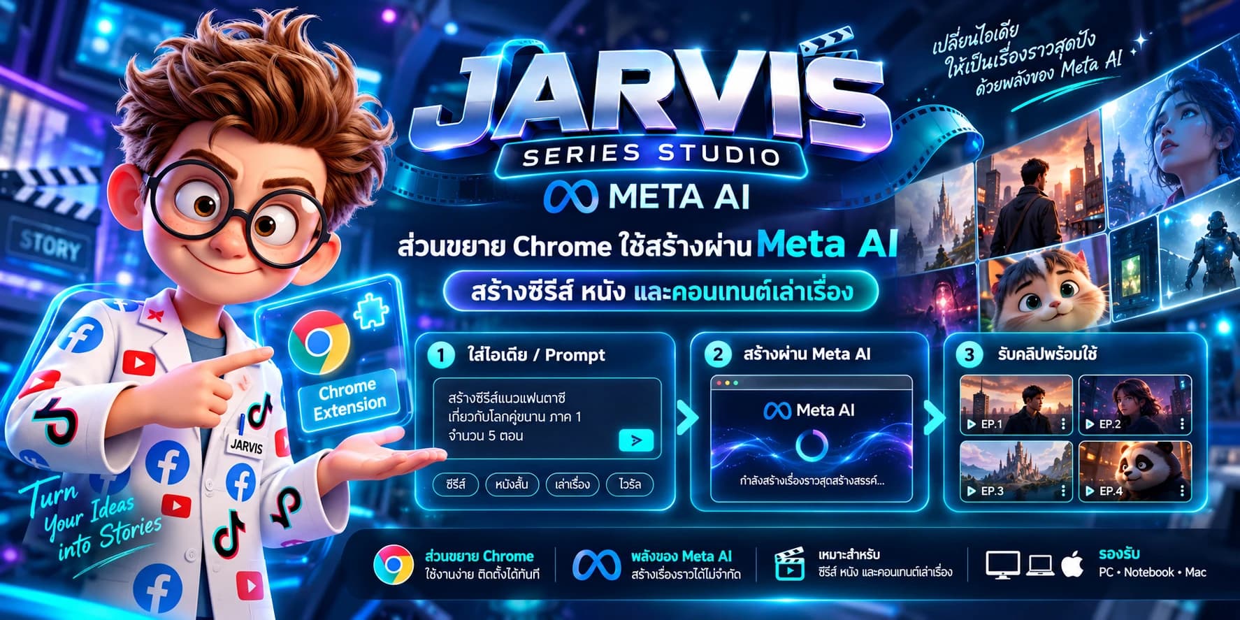 ภาพโฆษณา Jarvis Series Meta Ai พร้อมคาแรกเตอร์ Jarvis — ส่วนขยาย Chrome สร้างซีรีส์ หนัง และคอนเทนต์เล่าเรื่องผ่าน Meta AI