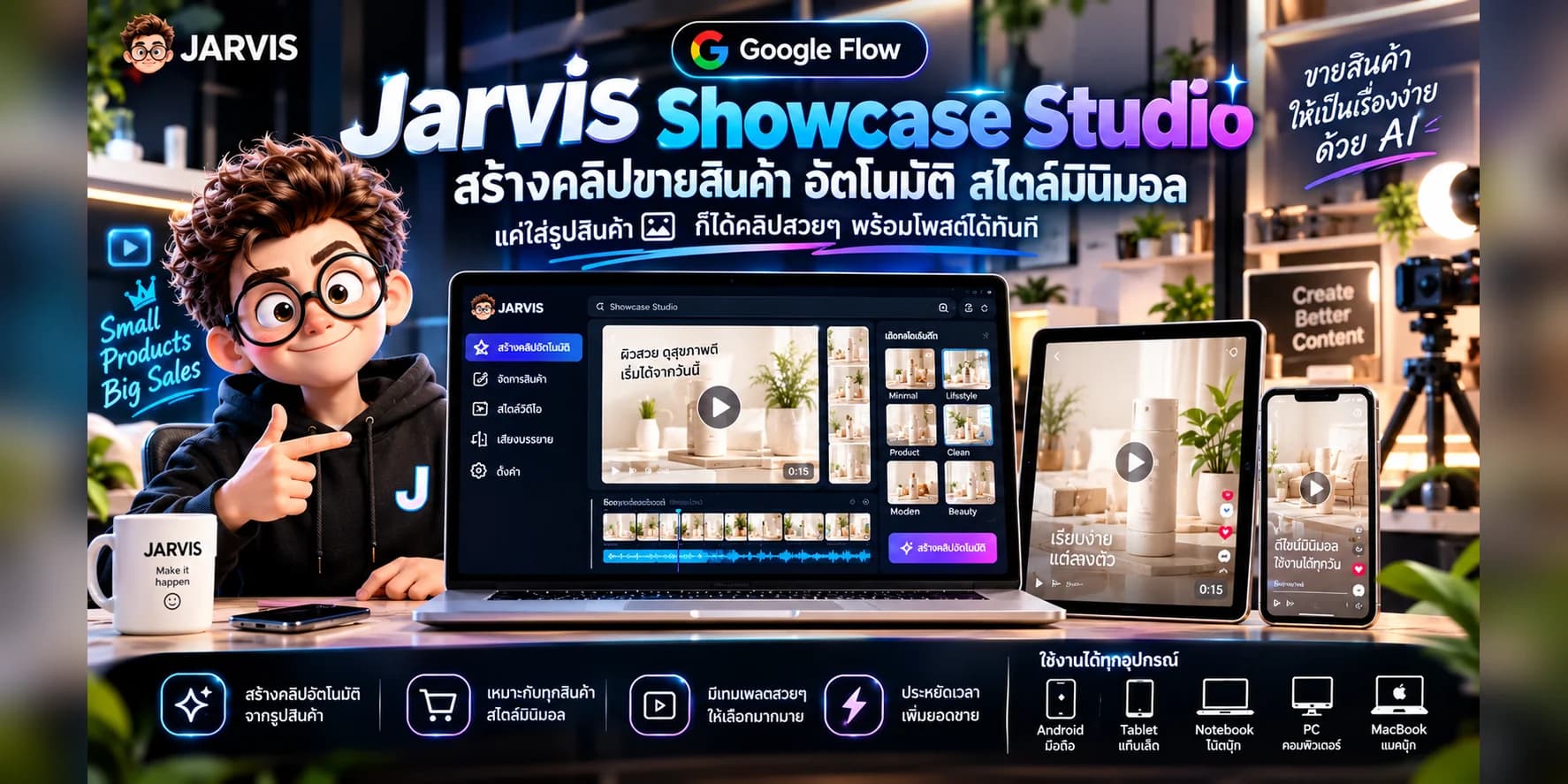 ภาพโฆษณา Jarvis Showcase Studio พร้อมคาแรกเตอร์ Jarvis — เครื่องมือบน Google Flow สร้างคลิปขายสินค้าอัตโนมัติ สไตล์มินิมอล จากรูปสินค้า