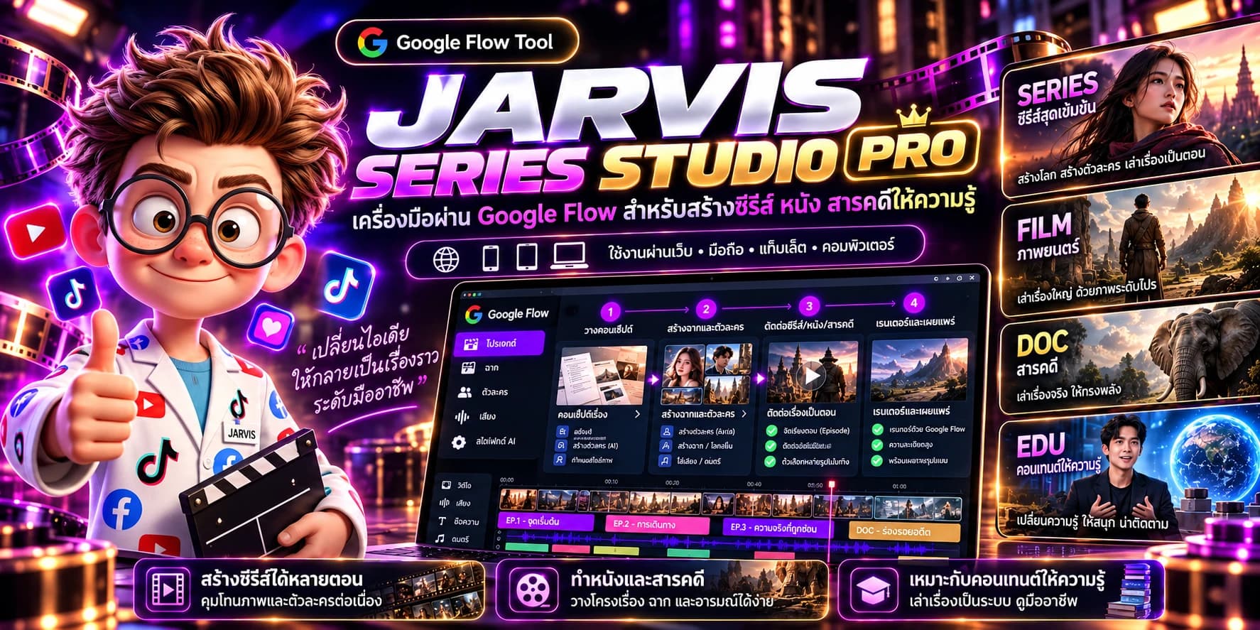ภาพโฆษณา Jarvis Series Studio Pro พร้อมคาแรกเตอร์ Jarvis — เครื่องมือผ่าน Google Flow สร้างซีรีส์ หนัง และสารคดี